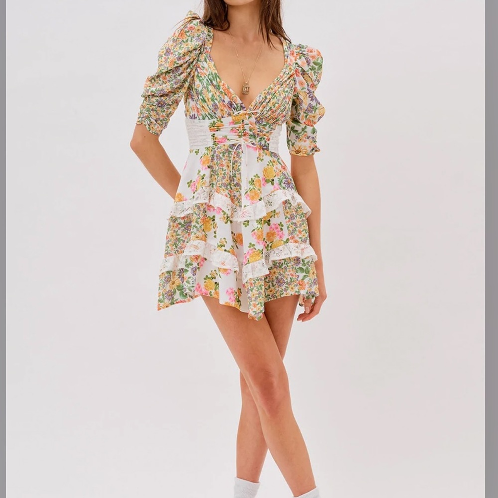 For Love & Lemons Rosalyn Patchwork Floral ruffles femme colorful Mini Dress
